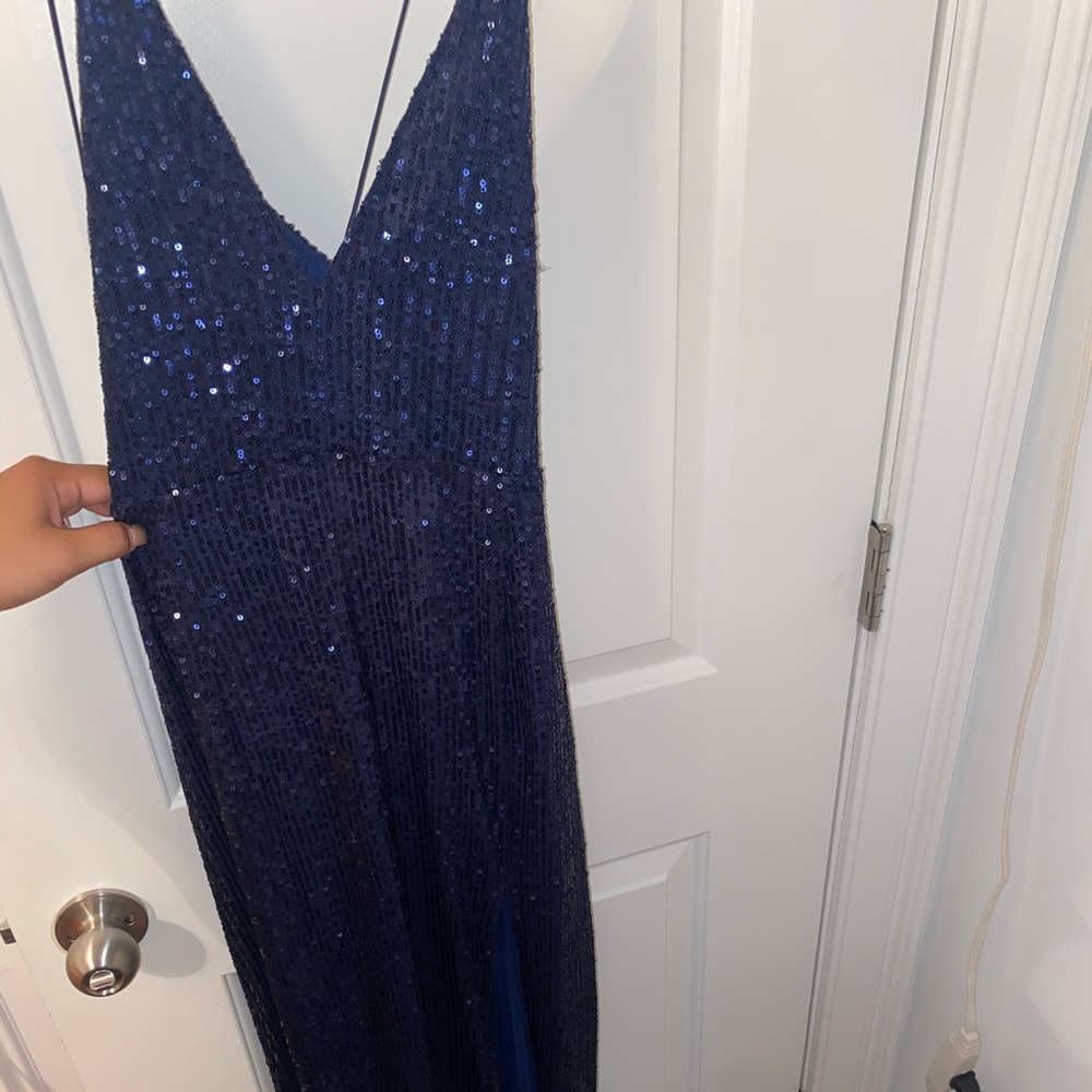 Navy sequin gown cut out back - Picture 2 of 3